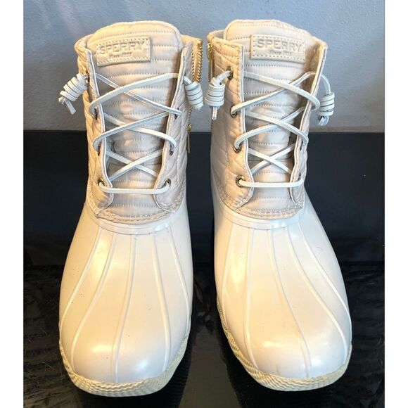 New Sperry Top Sider Saltwater  Ivory Chevron Quilted Shaft Nylon Duck Boots 10 - Picture 1 of 11